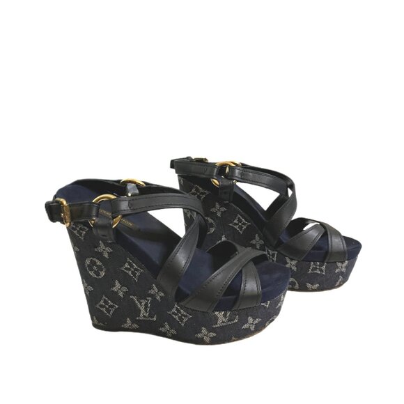 Louis Vuitton Navy Blue LV Monogram Denim & Leather Wedge Sandals Size 36/US 6 - Picture 10 of 13